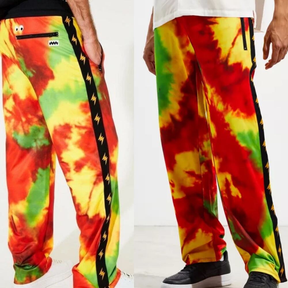 NWOT GUESS X J Balvin Vibras Flame, Lightning Bolts, Tie-Dye Track Pant Mens L